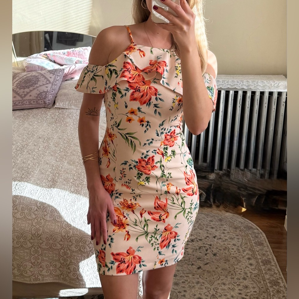Guess pink floral bodycon dress with cold shoulder and ruffle detail